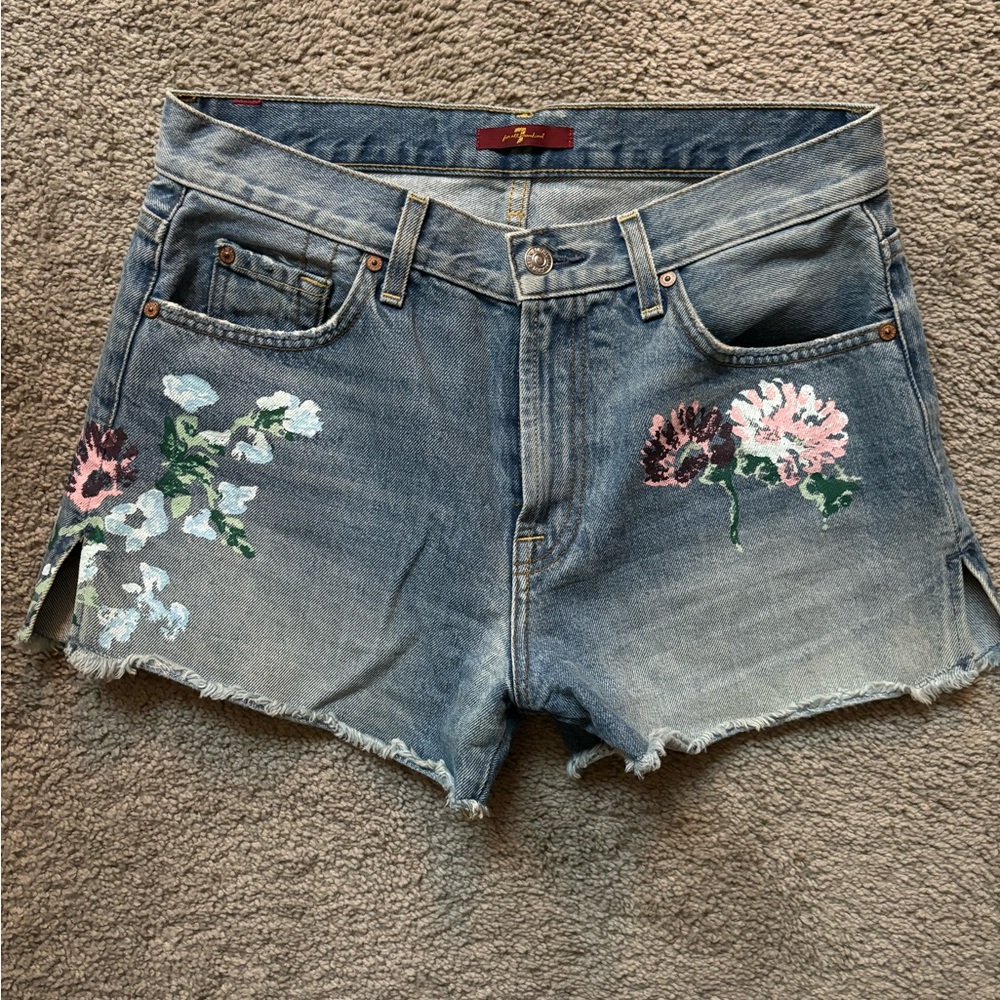 7 for All Mankind Floral Hand Painted High Waisted Raw Edge Jean Short